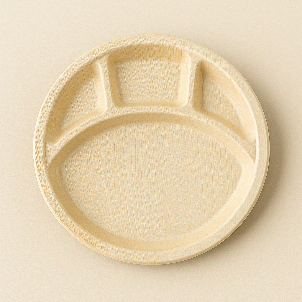 Designed for convenience and sustainability, this eco-friendly round plate features four separate compartments—perfect for keeping foods neatly divided. Made from sturdy, biodegradable palm trees, it's ideal for meals with multiple servings, whether at events, picnics, or casual gatherings. Functional, stylish, and planet-friendly.