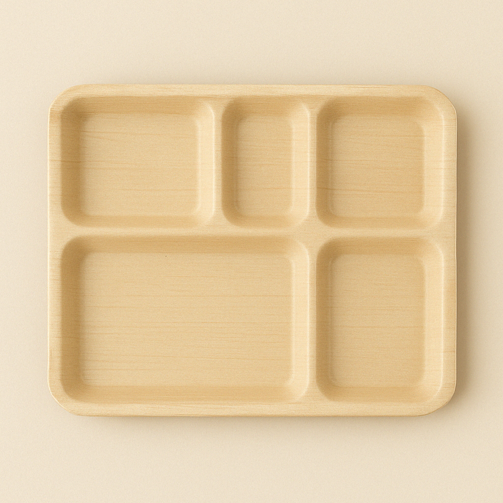 This eco-conscious square plate features five neatly arranged compartments, making it perfect for meals with multiple dishes or portion control. Crafted from durable, biodegradable palm trees, it combines functionality with a clean, modern look—ideal for events, food stalls, or sustainable dining on the go.